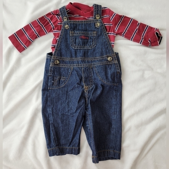 Carter's Other - Just One You NWOT 2pc old truck Burgundy stripe long sleeve w/ jean overalls 3m